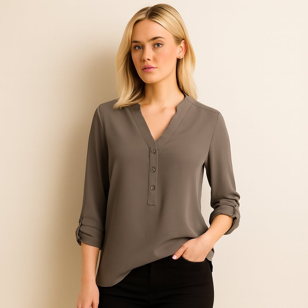 Chico's Popover Top Split V Neck Roll Tab Long Sleeves Taupe Size Small